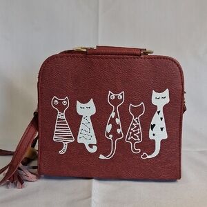 Whimsical Cat Design Mini Bag in Deep Red